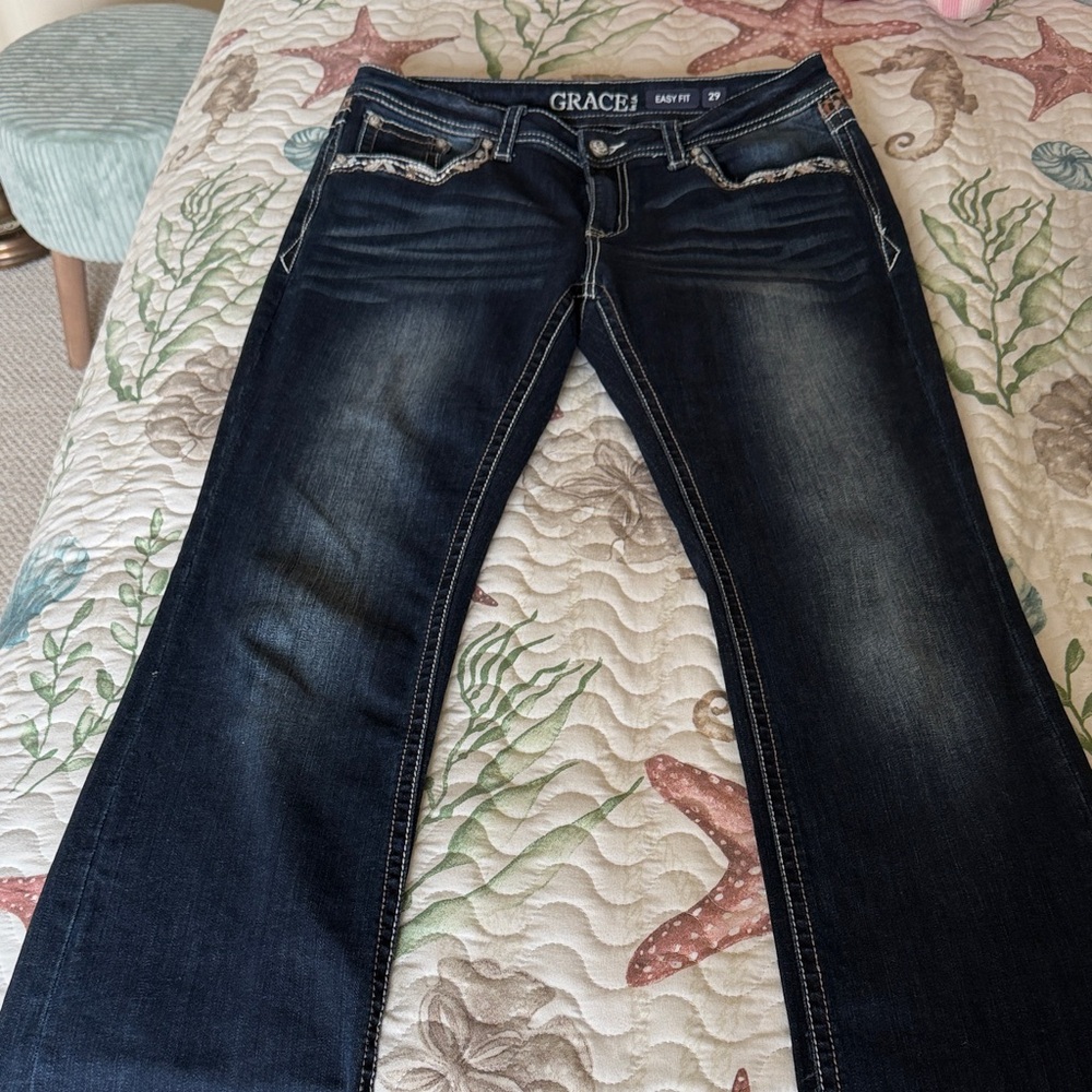 Grace in LA Women's Dark Blue Jeans. 29. Animal print inset. - Picture 2 of 6